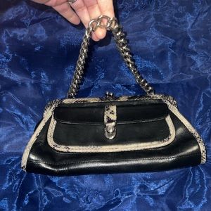 Black leather clutch Grey faux Snakeskin trim